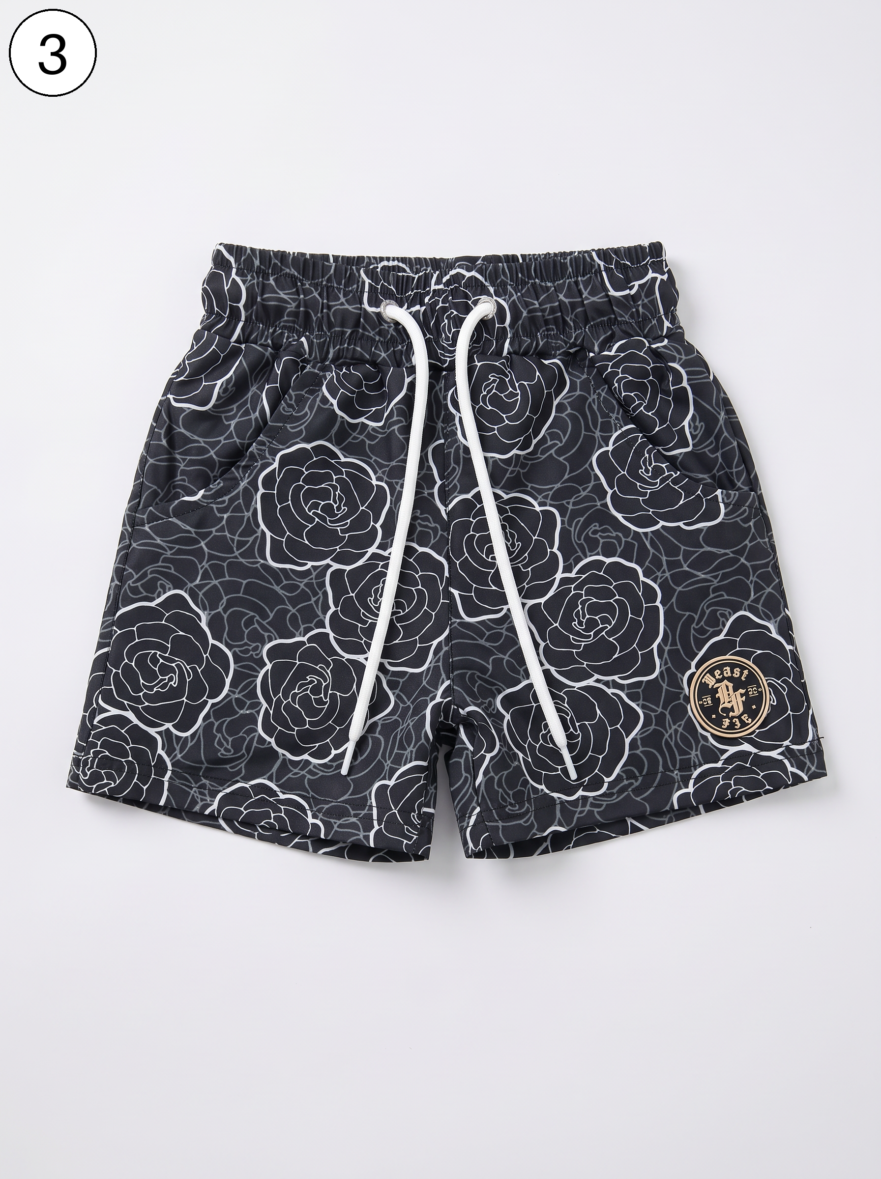 Keiki Swim Shorts — 3. Black & White Camellia