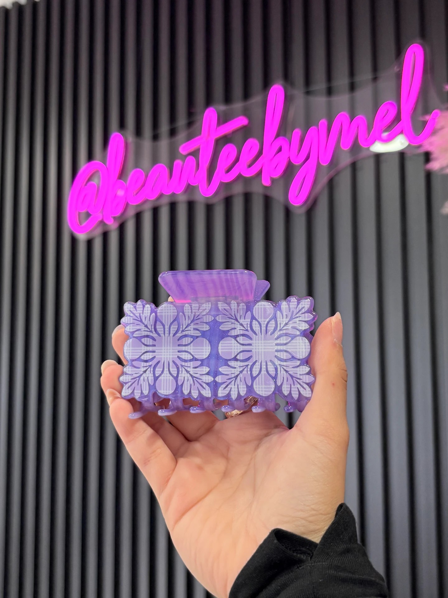 Lavender Floral Quilt Infinity Clip held in hand