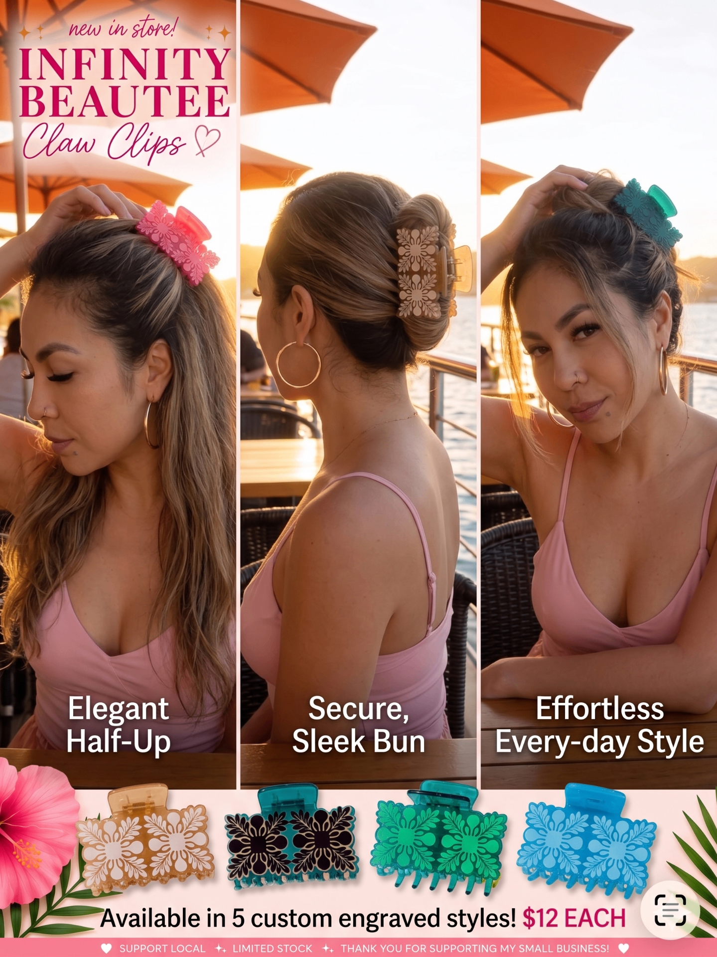 Infinity Beautee claw clips styled three ways — elegant half-up, secure sleek bun, and effortless everyday — shown in 5 engraved color options at $12 each