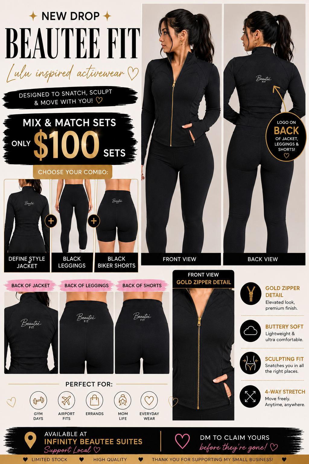Beautee Fit lookbook — jacket, leggings, biker shorts