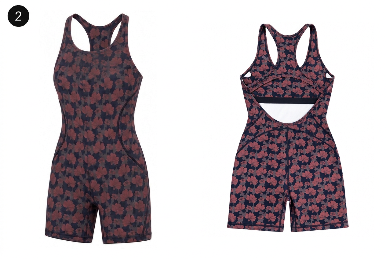 Infinity Romper in Red Hibiscus Cow Print with a fully covered front, open-back design, and right side pocket