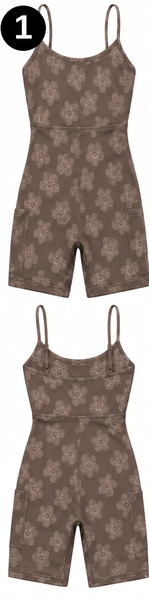 Infinity Romper in Pua Flower Brown print with right side pocket, front and back
