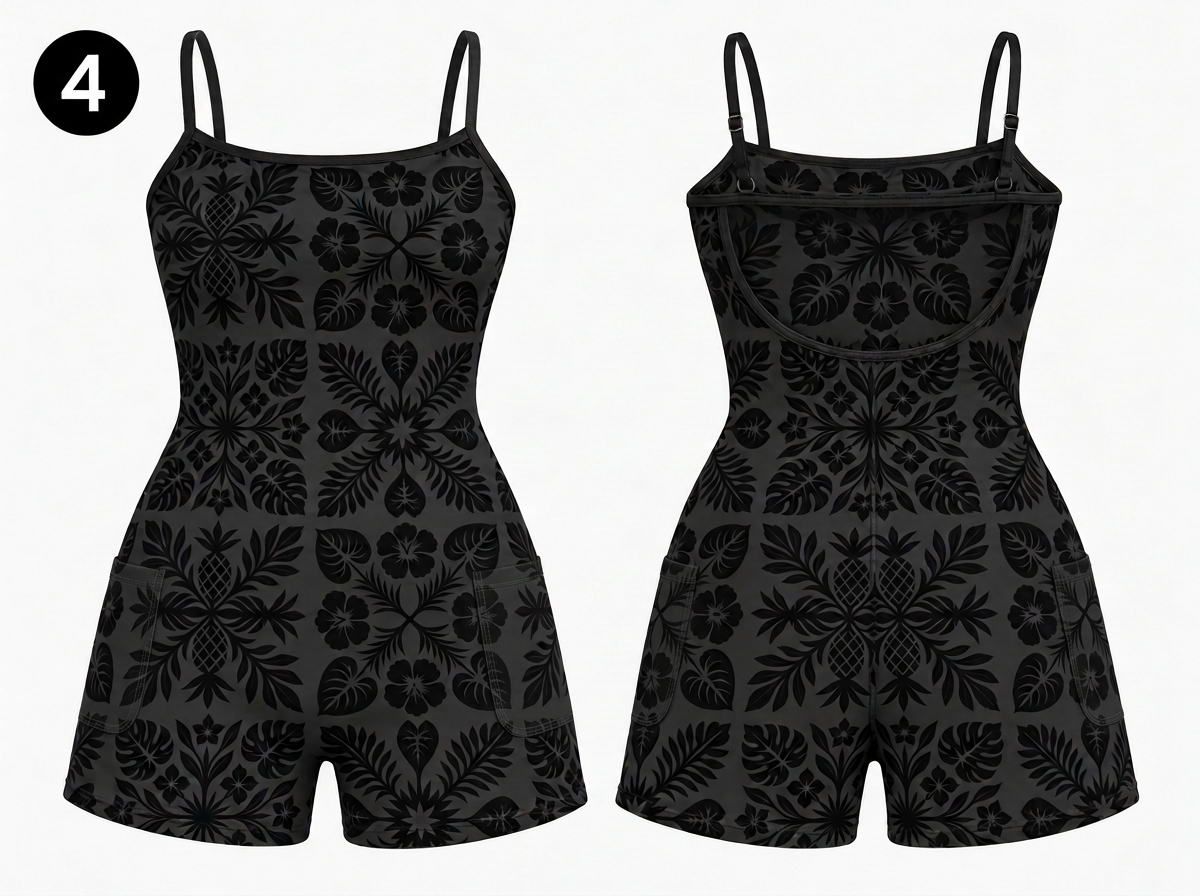Infinity Romper in Black Quilt print with right side pocket, front and back